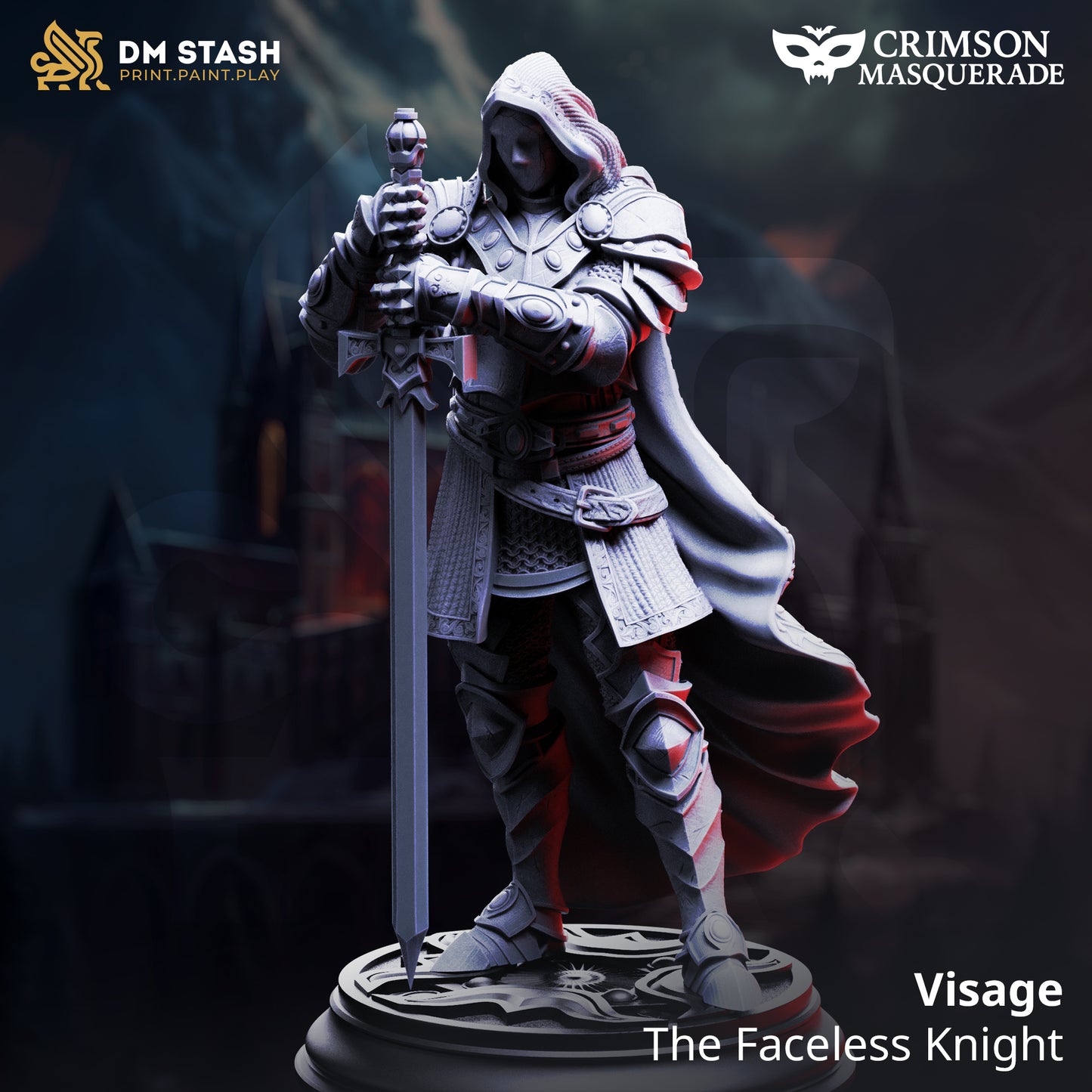 High-detail resin miniature of Visage the Faceless Knight, hooded armored warrior with sword, for TTRPG encounters and gothic fantasy collections.