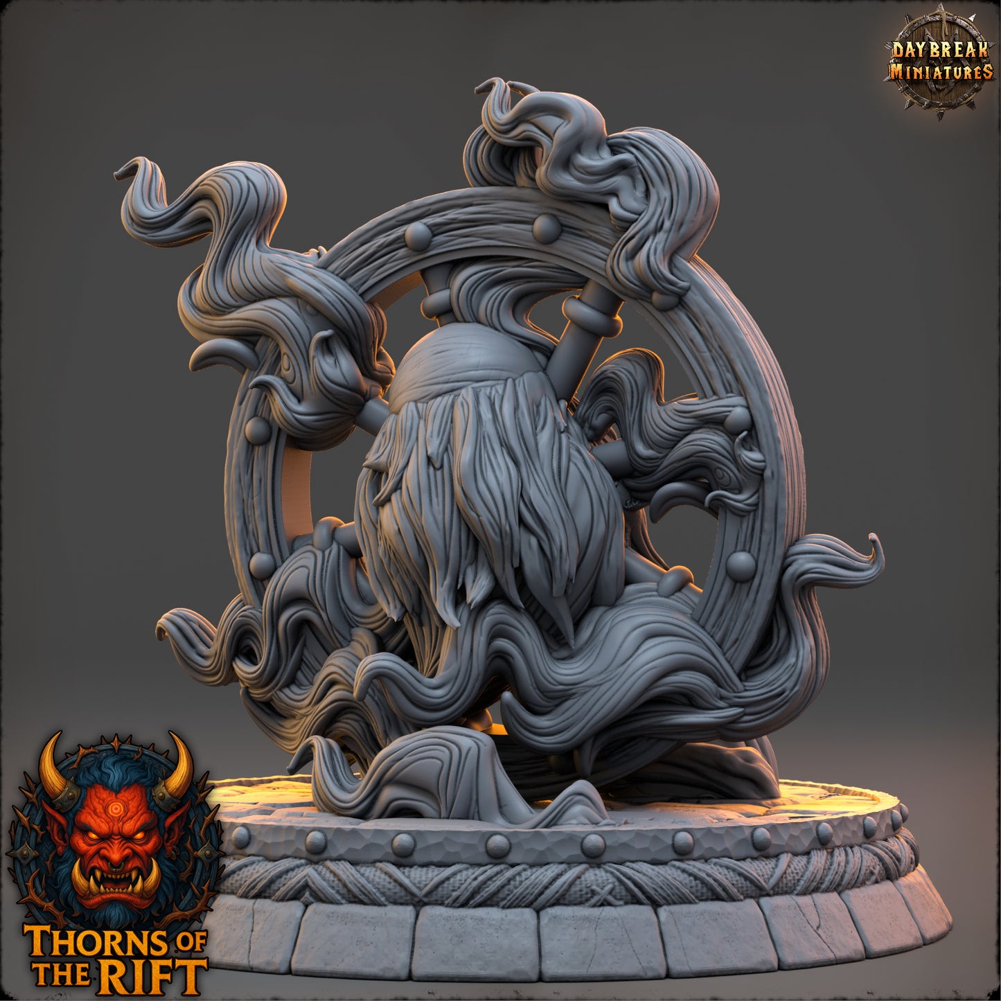 Waynudo resin miniature depicting a demonic figure with swirling flame-like forms and detailed base, available in 32mm and 54mm scales for tabletop RPGs and display.