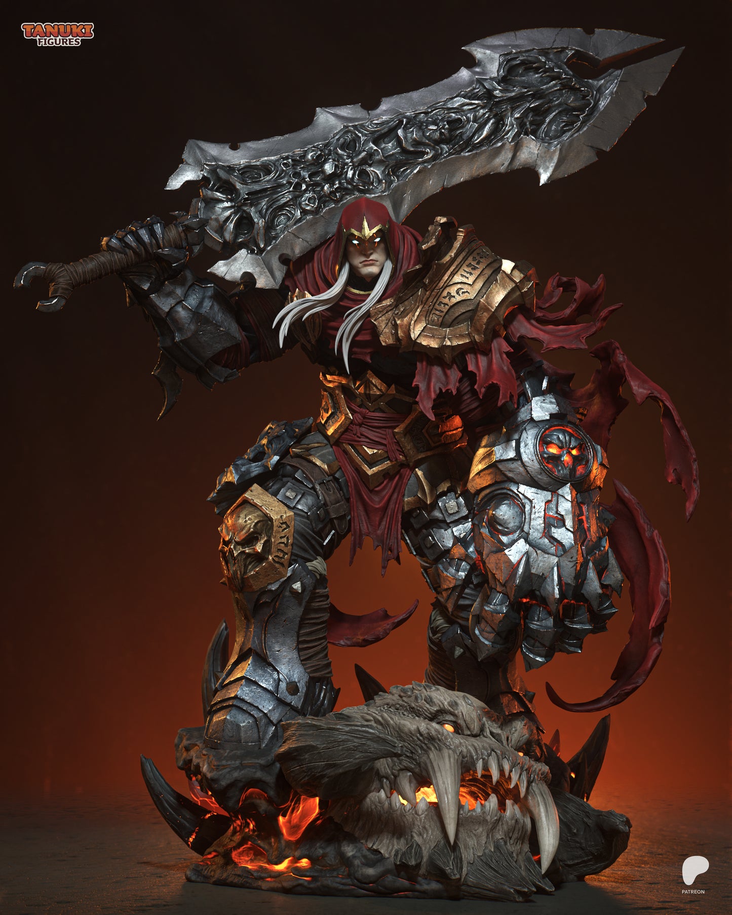 3D printed 1:6 scale War statue showing armored warrior with massive sword and molten demonic base