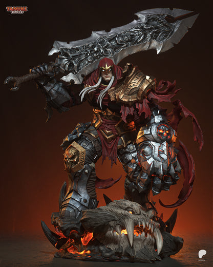 3D printed 1:6 scale War statue showing armored warrior with massive sword and molten demonic base