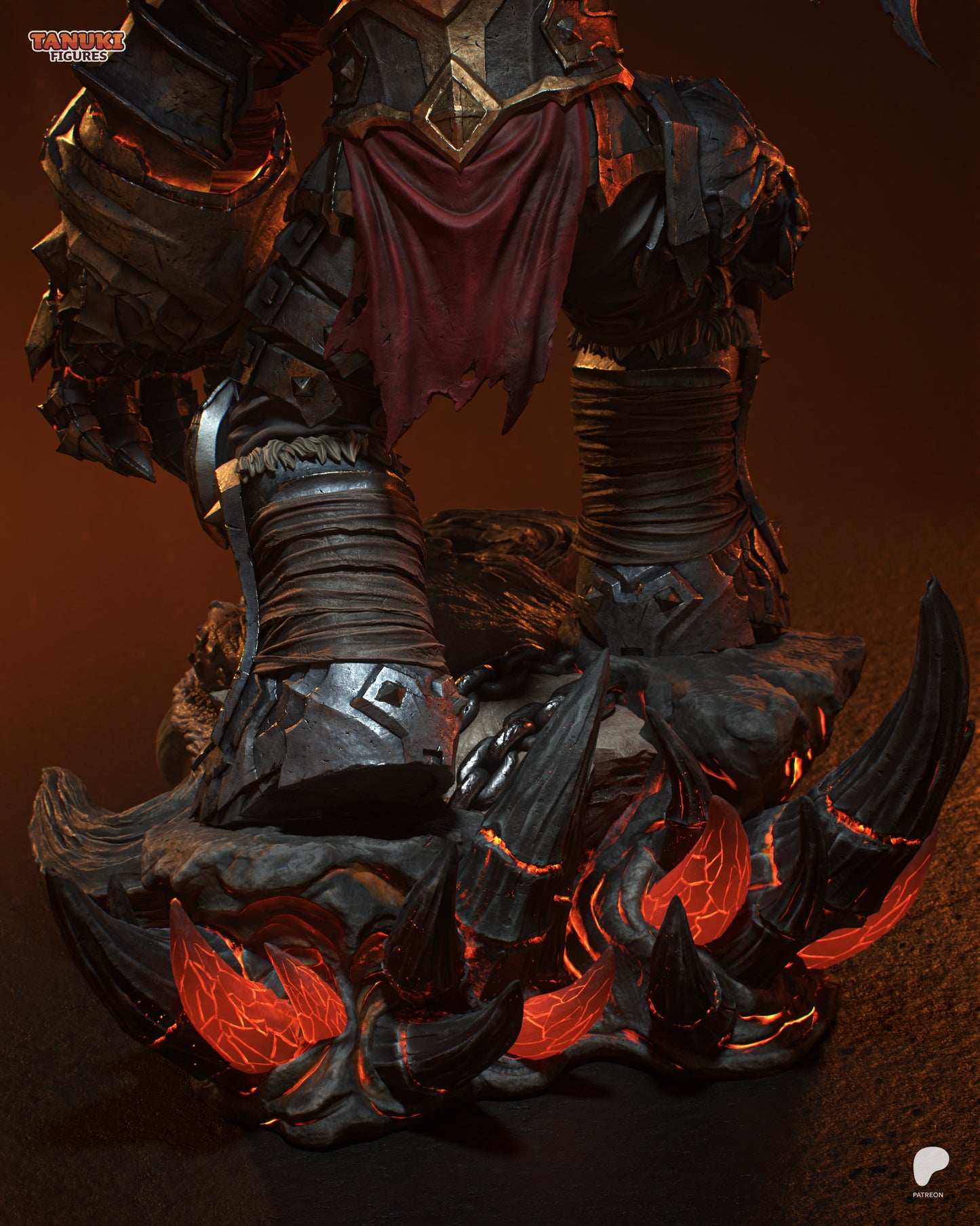 3D printed 1:6 scale War statue showing armored warrior with massive sword and molten demonic base