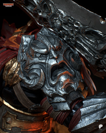 3D printed 1:6 scale War statue showing armored warrior with massive sword and molten demonic base