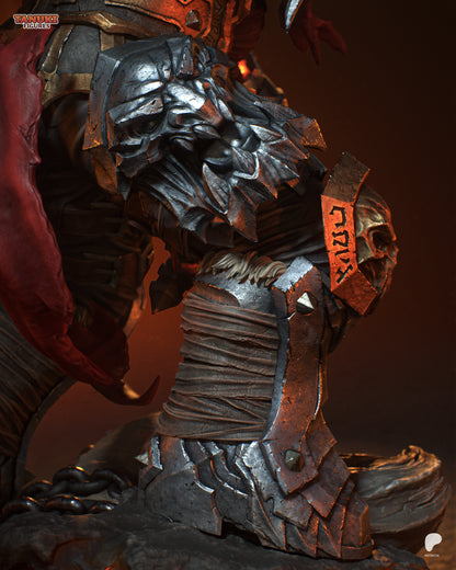 3D printed 1:6 scale War statue showing armored warrior with massive sword and molten demonic base