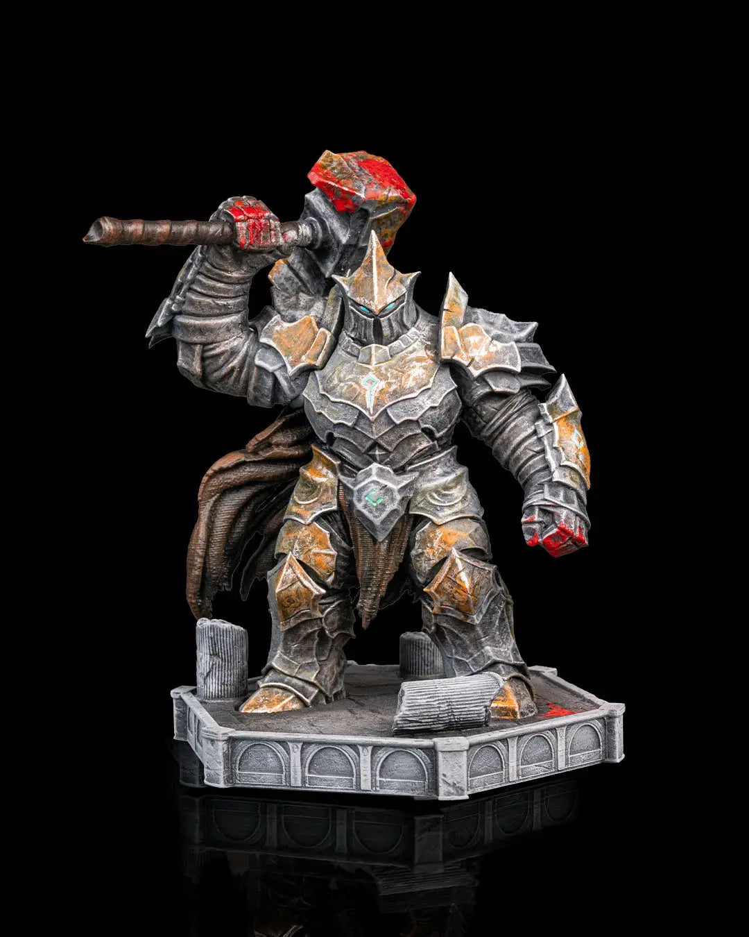 Painted Warden Golem miniature on stone base, featuring silver armor, red accents, and warhammer.