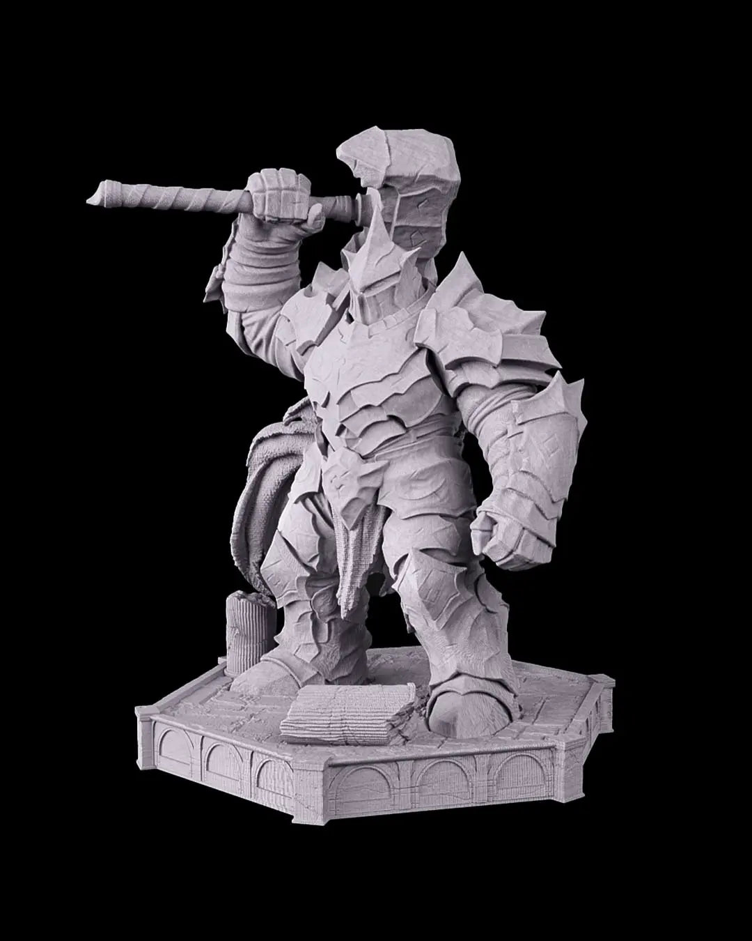 Front angle of unpainted Warden Golem resin figure with full plate armor and raised weapon.