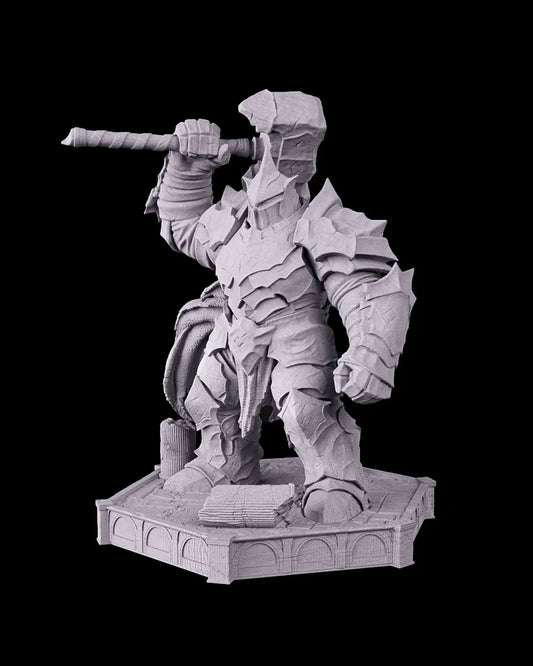 Front angle of unpainted Warden Golem resin figure with full plate armor and raised weapon.