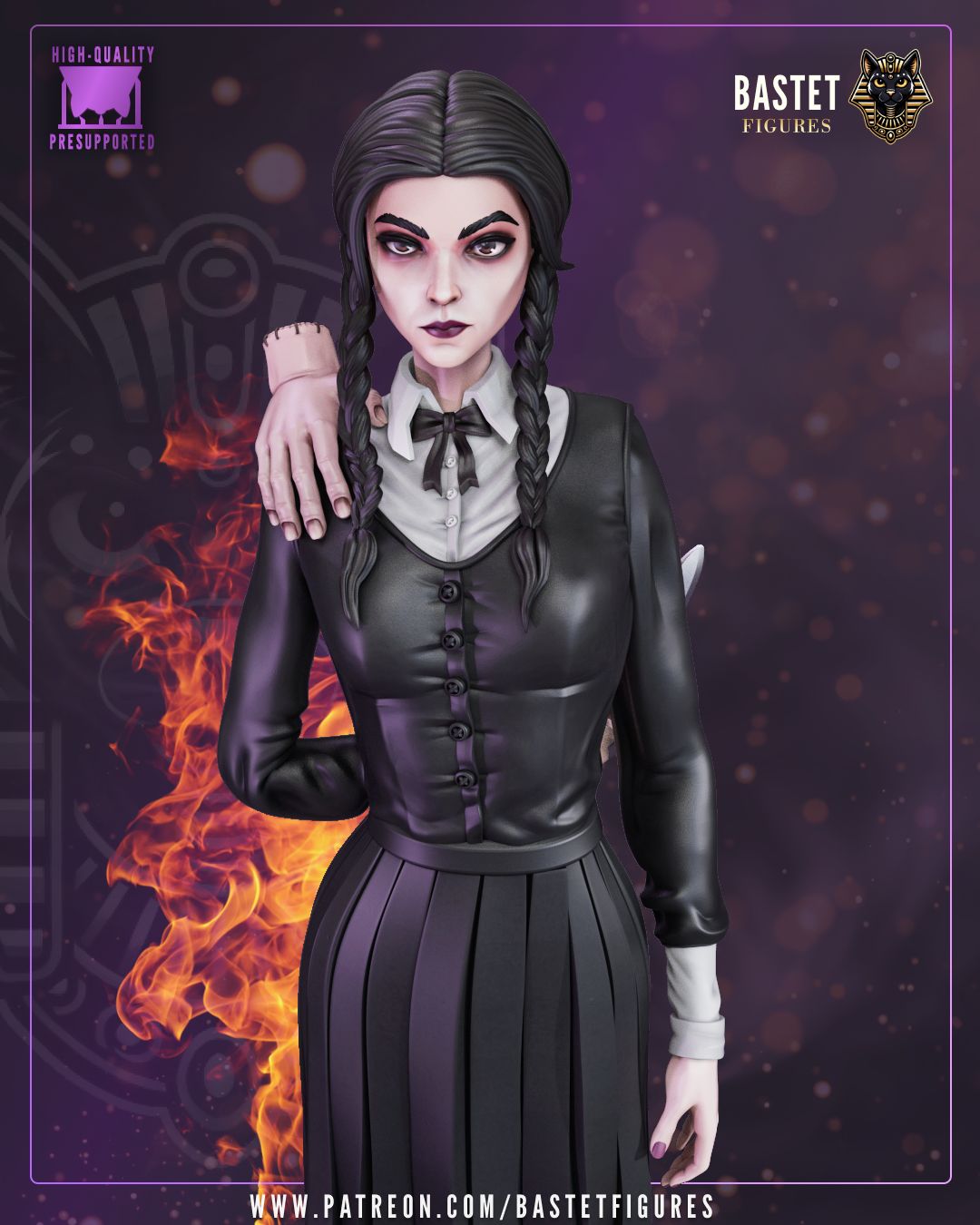 1:8 scale gothic resin statue and bust featuring a braided schoolgirl in a black dress with candle base, shown in both painted and unpainted forms – D&K Custom Prints