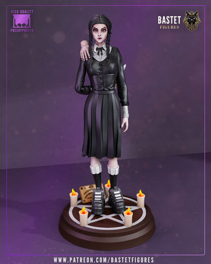 1:8 scale gothic resin statue and bust featuring a braided schoolgirl in a black dress with candle base, shown in both painted and unpainted forms – D&K Custom Prints