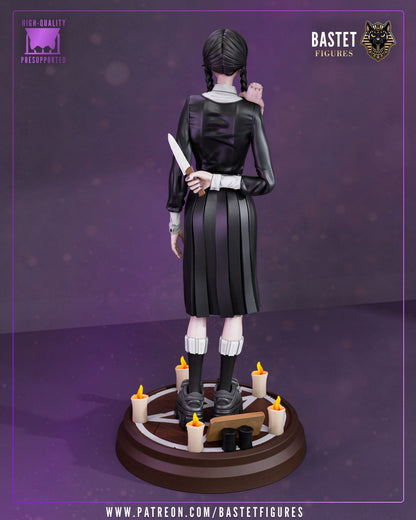 1:8 scale gothic resin statue and bust featuring a braided schoolgirl in a black dress with candle base, shown in both painted and unpainted forms – D&K Custom Prints