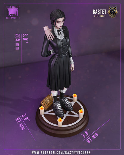 1:8 scale gothic resin statue and bust featuring a braided schoolgirl in a black dress with candle base, shown in both painted and unpainted forms – D&K Custom Prints