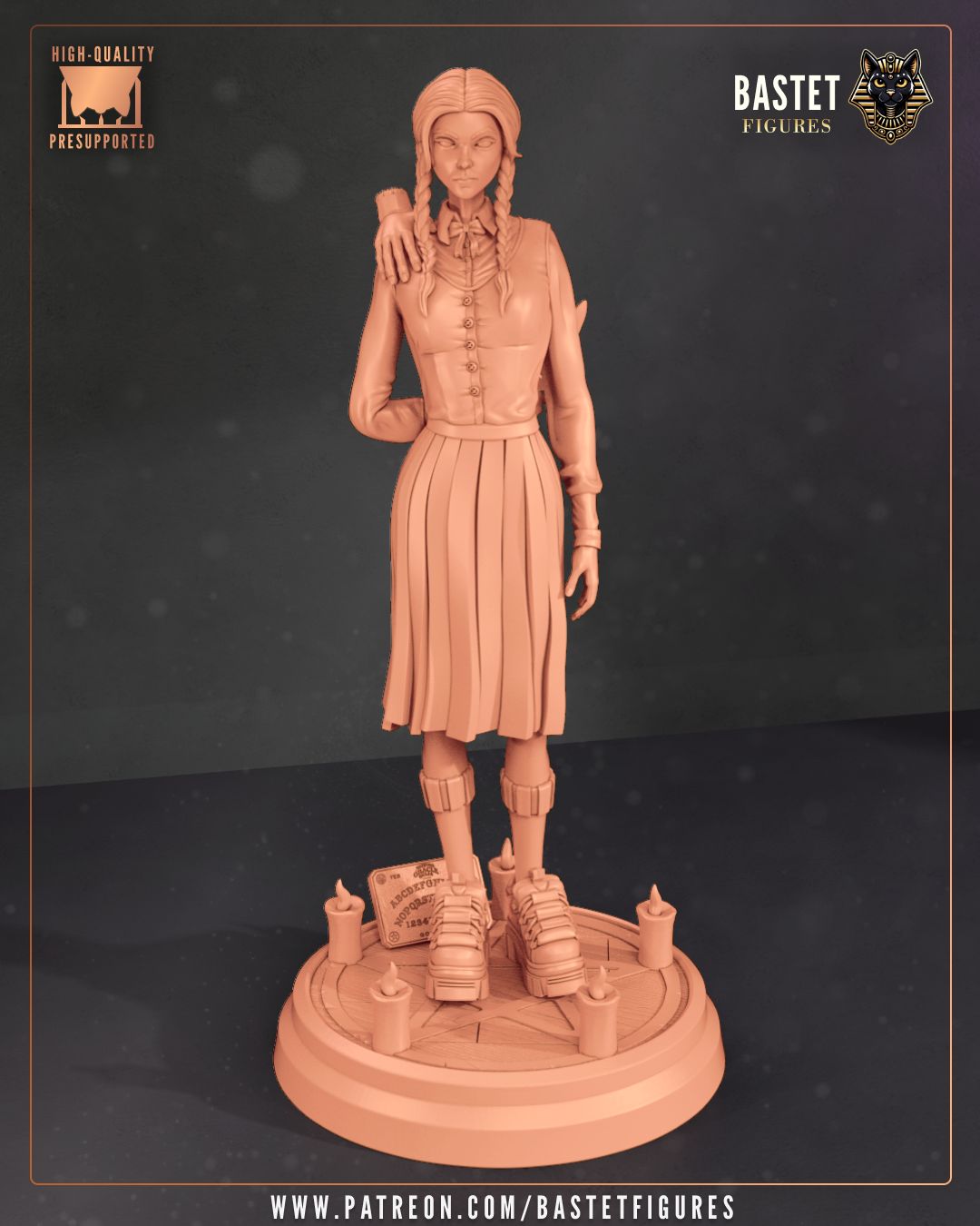 1:8 scale gothic resin statue and bust featuring a braided schoolgirl in a black dress with candle base, shown in both painted and unpainted forms – D&K Custom Prints