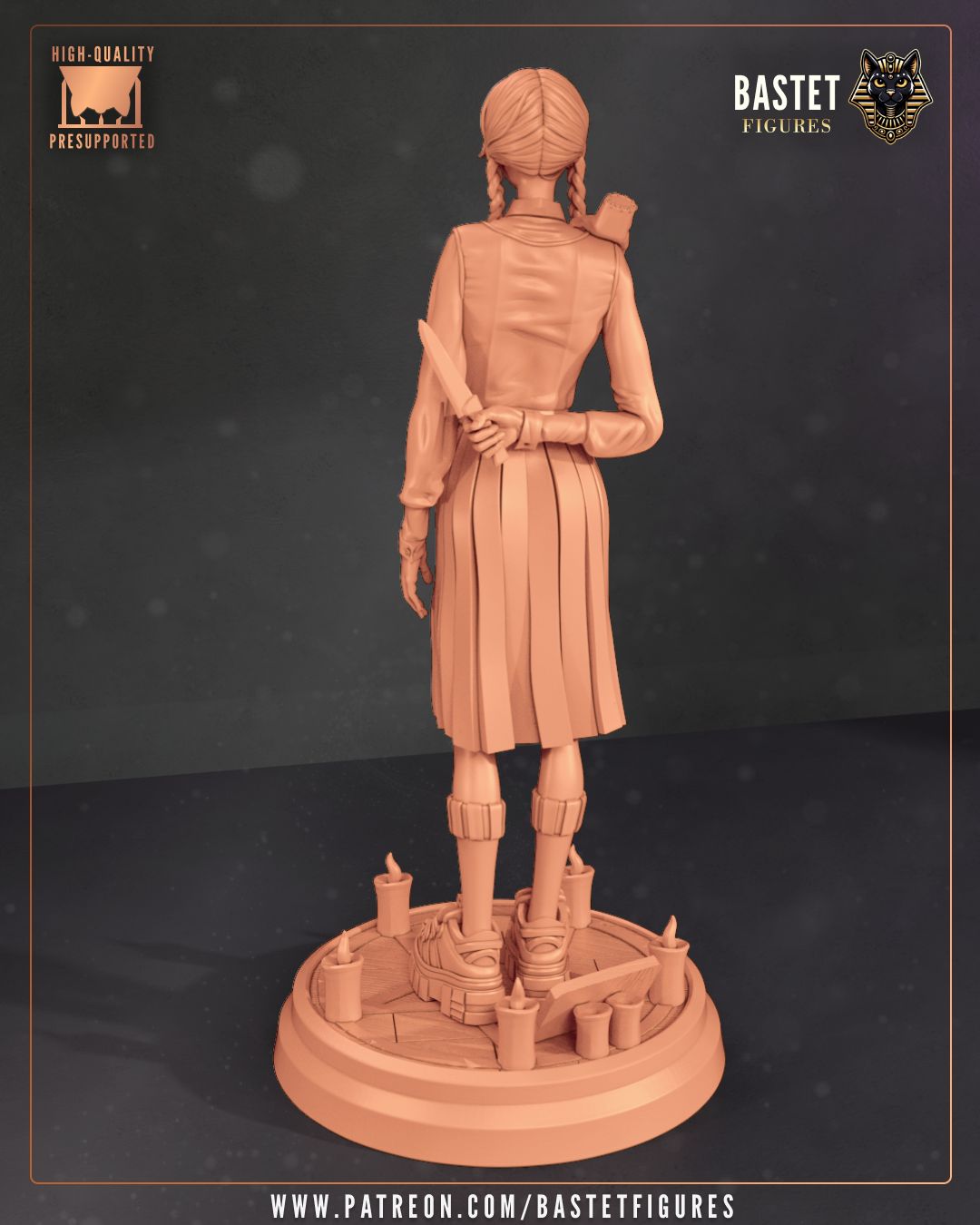 1:8 scale gothic resin statue and bust featuring a braided schoolgirl in a black dress with candle base, shown in both painted and unpainted forms – D&K Custom Prints