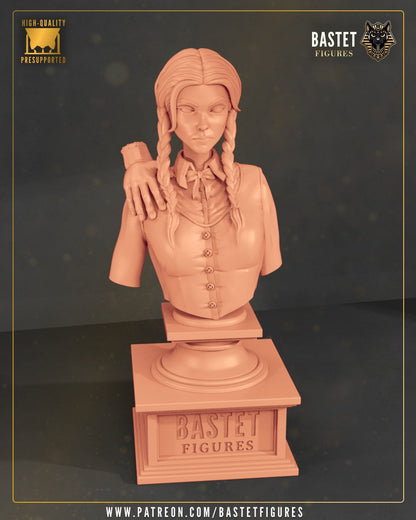 1:8 scale gothic resin statue and bust featuring a braided schoolgirl in a black dress with candle base, shown in both painted and unpainted forms – D&K Custom Prints