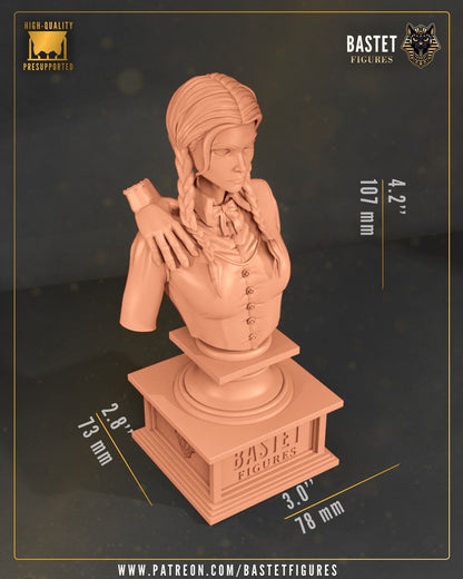 1:8 scale gothic resin statue and bust featuring a braided schoolgirl in a black dress with candle base, shown in both painted and unpainted forms – D&K Custom Prints