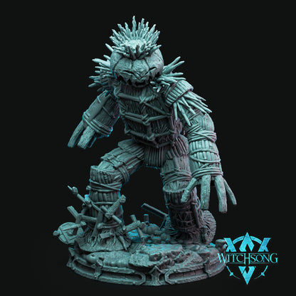 Witchsong Miniatures Wickerman Golem 155mm Gargantuan resin miniature with a 4x4 scenic pumpkin patch base for tabletop RPG games like D&D.