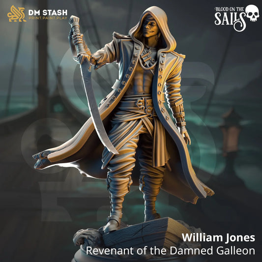Statue of William Jones, Revenant of the Damned Galleon, with a ship in the background.