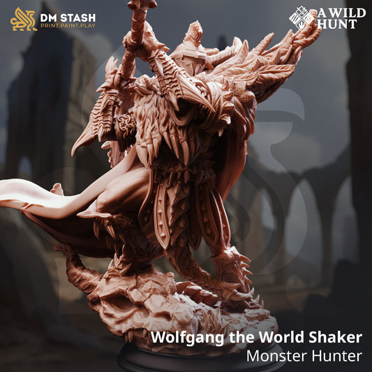 Wolfgang the World Shaker Monster Hunter resin miniature – armored warrior with massive sword and clawed armor for fantasy tabletop and display painting.