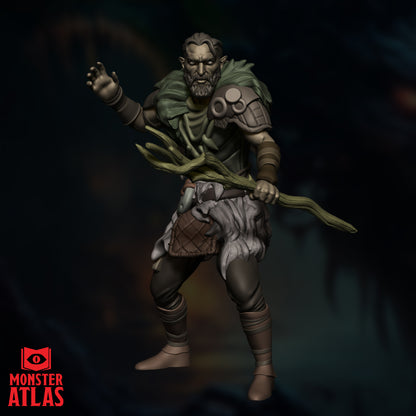 Frontal view of a Wood Elf Druid miniature with a gnarled staff and swirling nature magic effects.