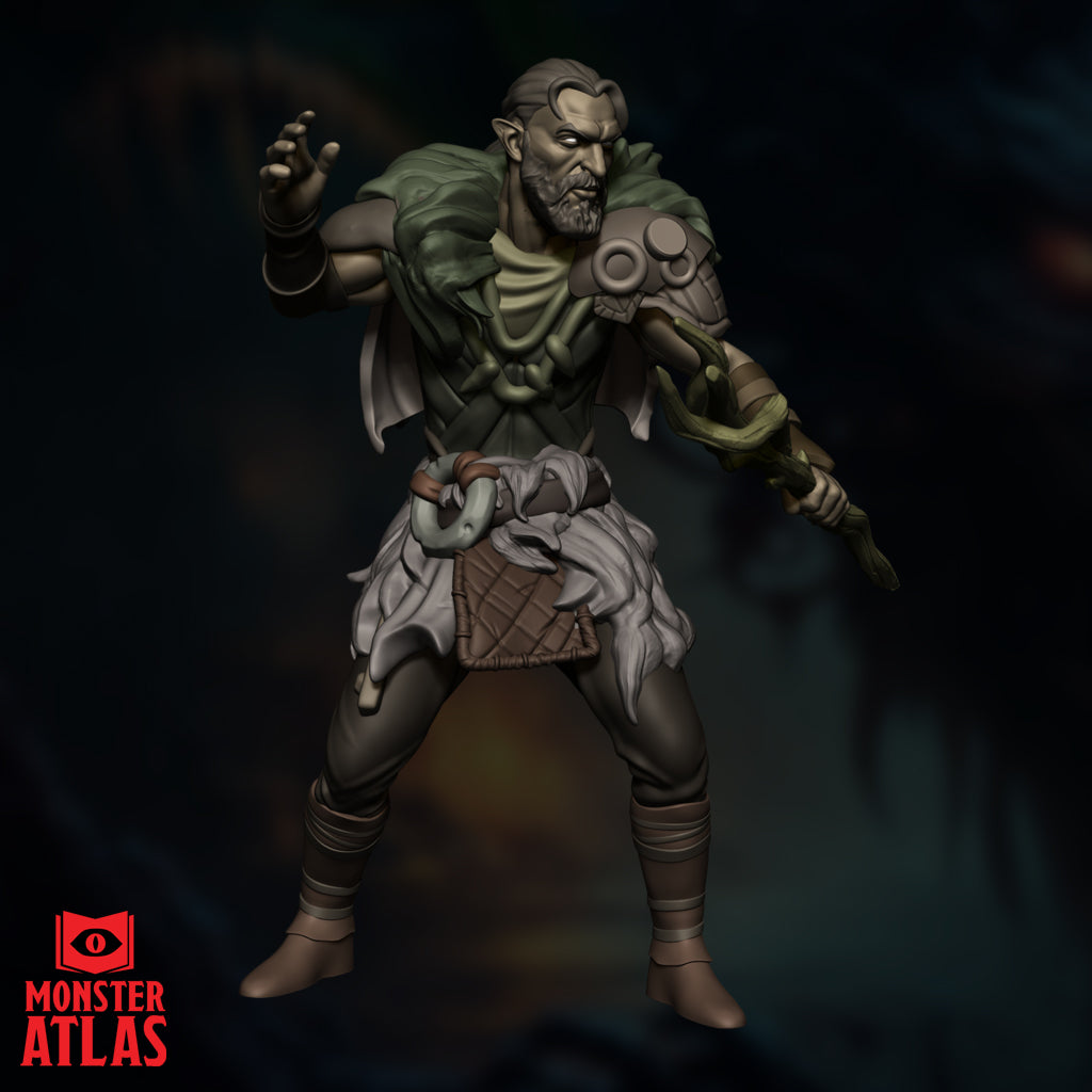 Front right view of the Wood Elf Druid highlighting the flowing tattered cloak and hair detail.