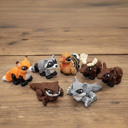 Woodland Hatchlings Pack featuring articulated woodland animals including fox, raccoon, turkey, moose, and wolf