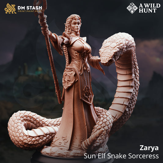 Zarya Sun Elf Snake Sorceress resin miniature – fantasy female mage with staff and serpent companion for tabletop and display painting.