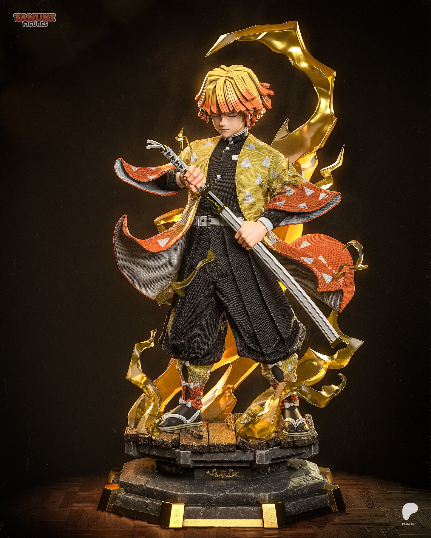 Thunder Breathing Swordsman 1:6 resin statue with golden lightning effects and detailed anime-style base.