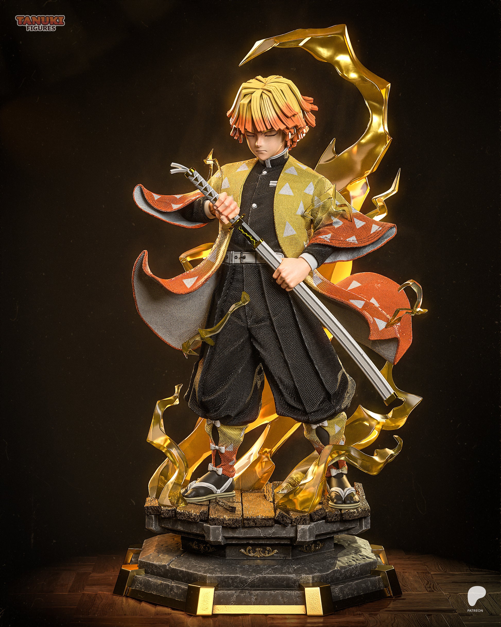 Thunder Breathing Swordsman 1:6 resin statue with golden lightning effects and detailed anime-style base.