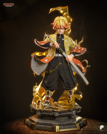Thunder Breathing Swordsman 1:6 resin statue with golden lightning effects and detailed anime-style base.