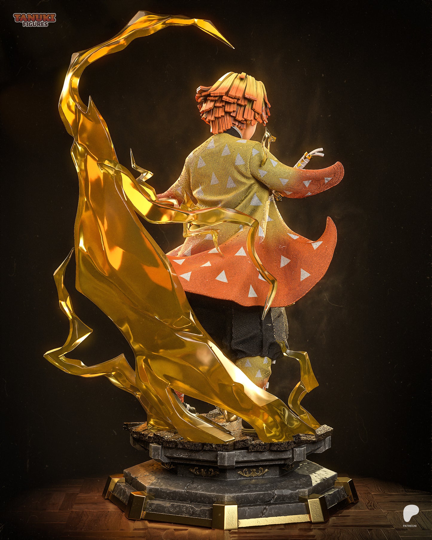 Thunder Breathing Swordsman 1:6 resin statue with golden lightning effects and detailed anime-style base.