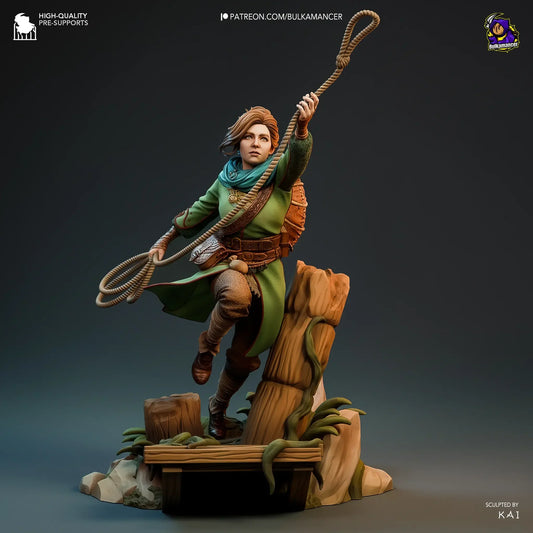 Detailed painted diorama of Zoe fantasy adventurer on forest ruins