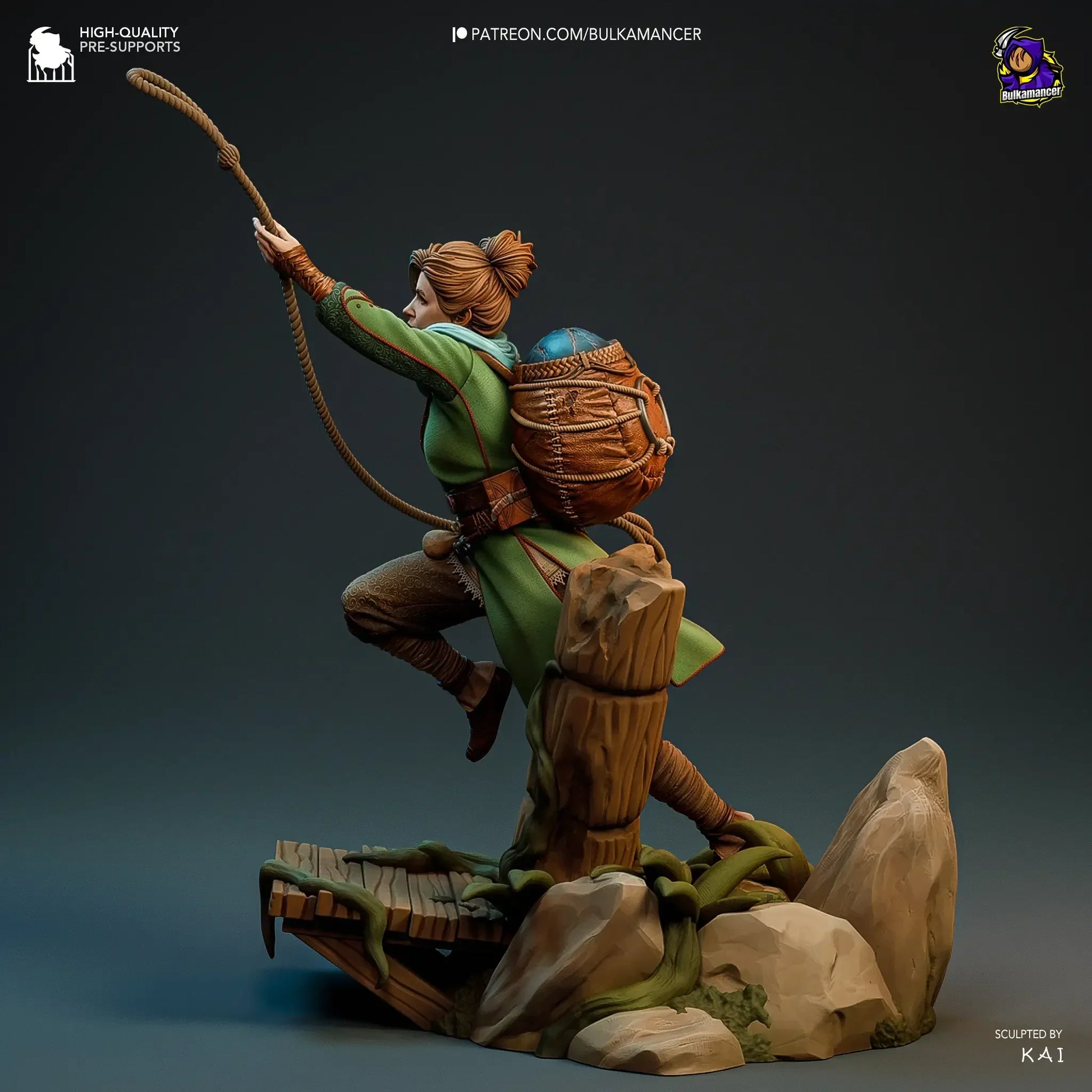 Side view of Zoe miniature showing rope and backpack details