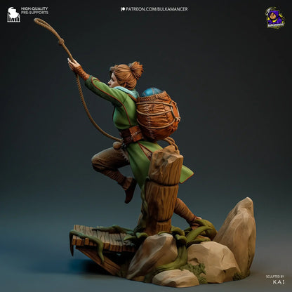 Side view of Zoe miniature showing rope and backpack details