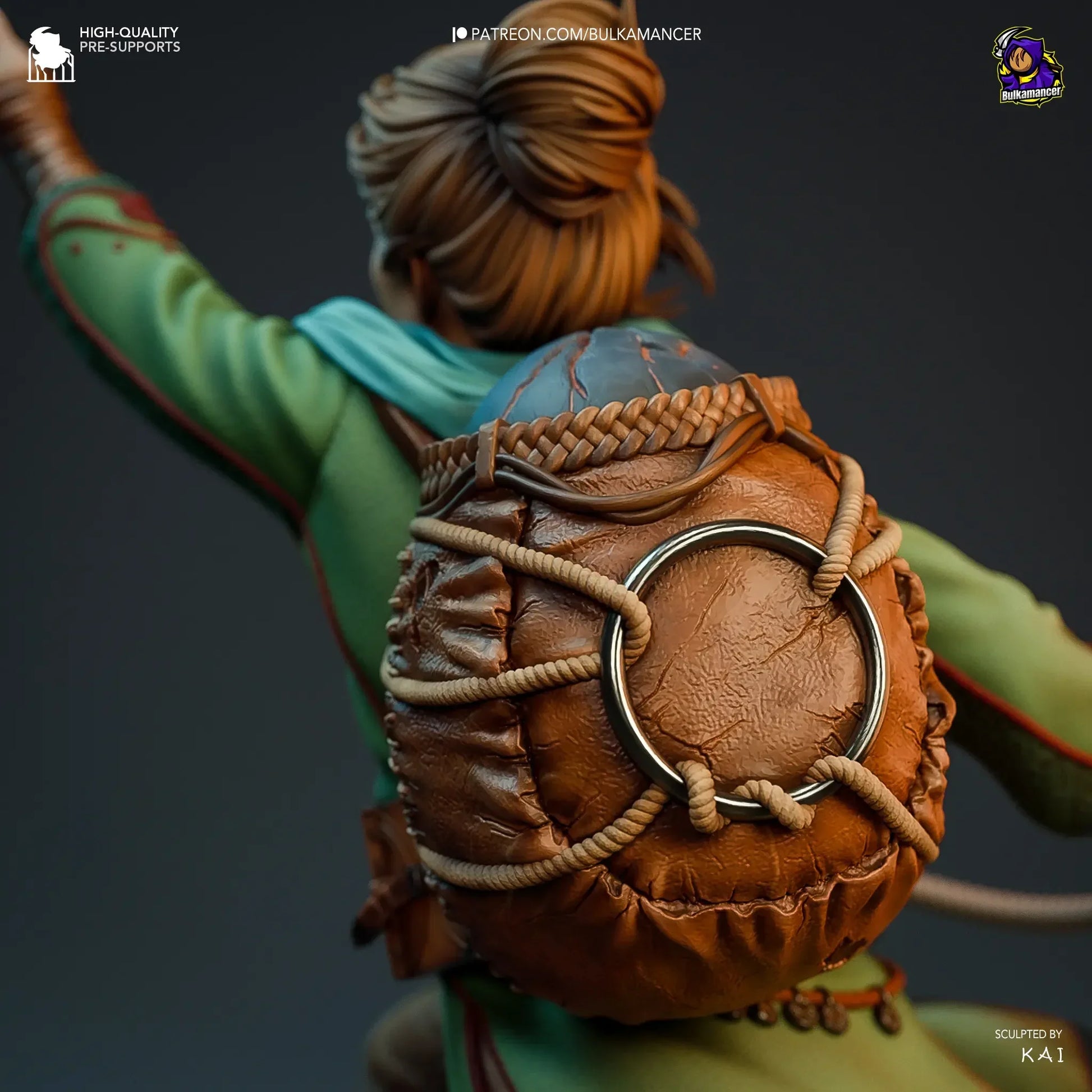 Closeup of Zoe’s adventurer gear and rope backpack
