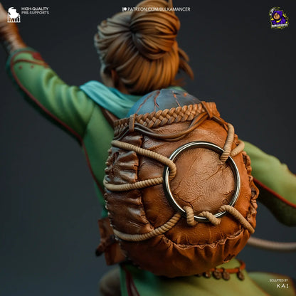 Closeup of Zoe’s adventurer gear and rope backpack