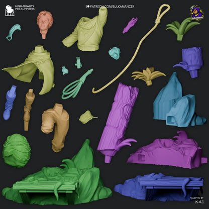 xploded parts of Zoe diorama model kit for painting assembly
