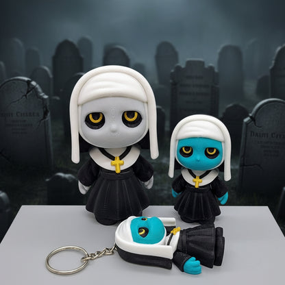 Zombie nun toy figure with yellow eyes, available in small and large sizes, shown with matching keychain and magnet accessory on a gothic display background