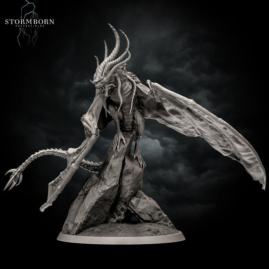 Front perspective view of Abeloth the Accursed showing wide wingspan and sweeping tail by Stormborn Collectibles.