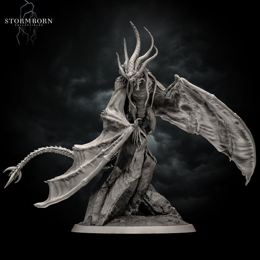 Full front view render of Abeloth the Accursed perched atop a stone perch with wings spread by Stormborn Collectibles.