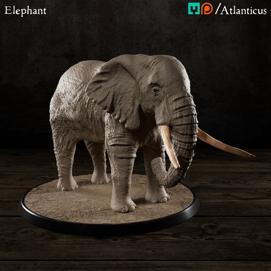 Digital render of the African Elephant miniature standing on a 75mm circular base by Atlanticus Arts.