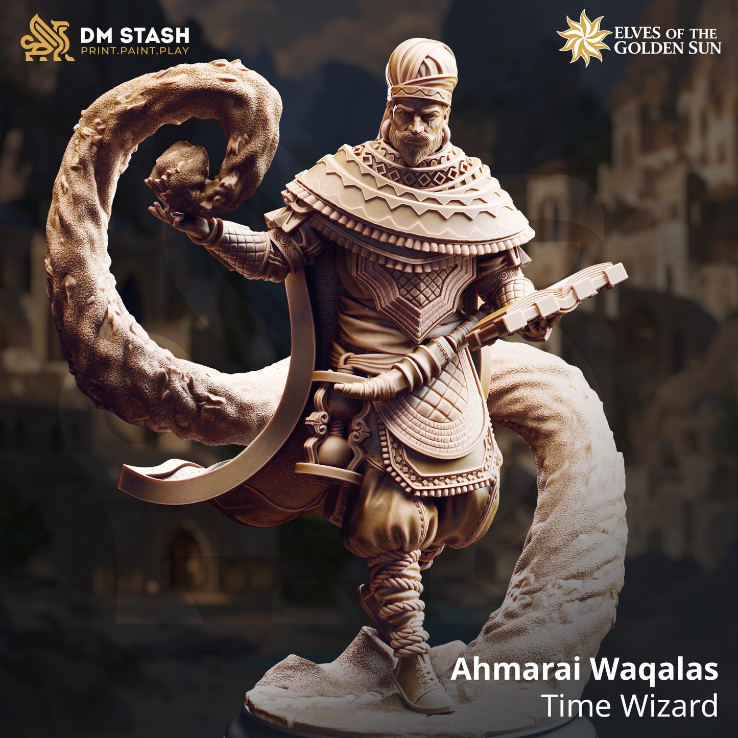 Ahmarai Waqalas Time Wizard miniature by DM Stash, unpainted grey resin figure in 32mm and 75mm scale.