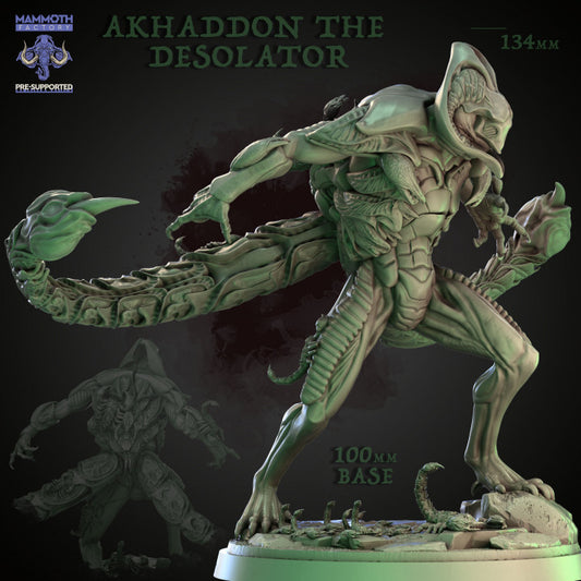 Front render view of Akhaddon the Desolator gargantuan resin miniature on a 100mm base with swarming scorpions and massive stinger tail.