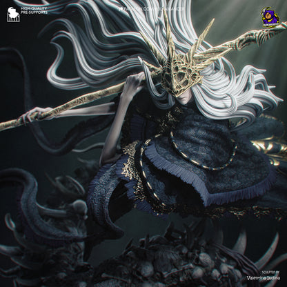 Close up detail of the painted torso, Gwyndolin crown, and spear on the Aldrich figure