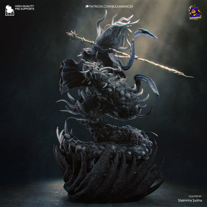 Dynamic side angle view of painted Aldrich 1:8 scale resin figure showing the serpentine body