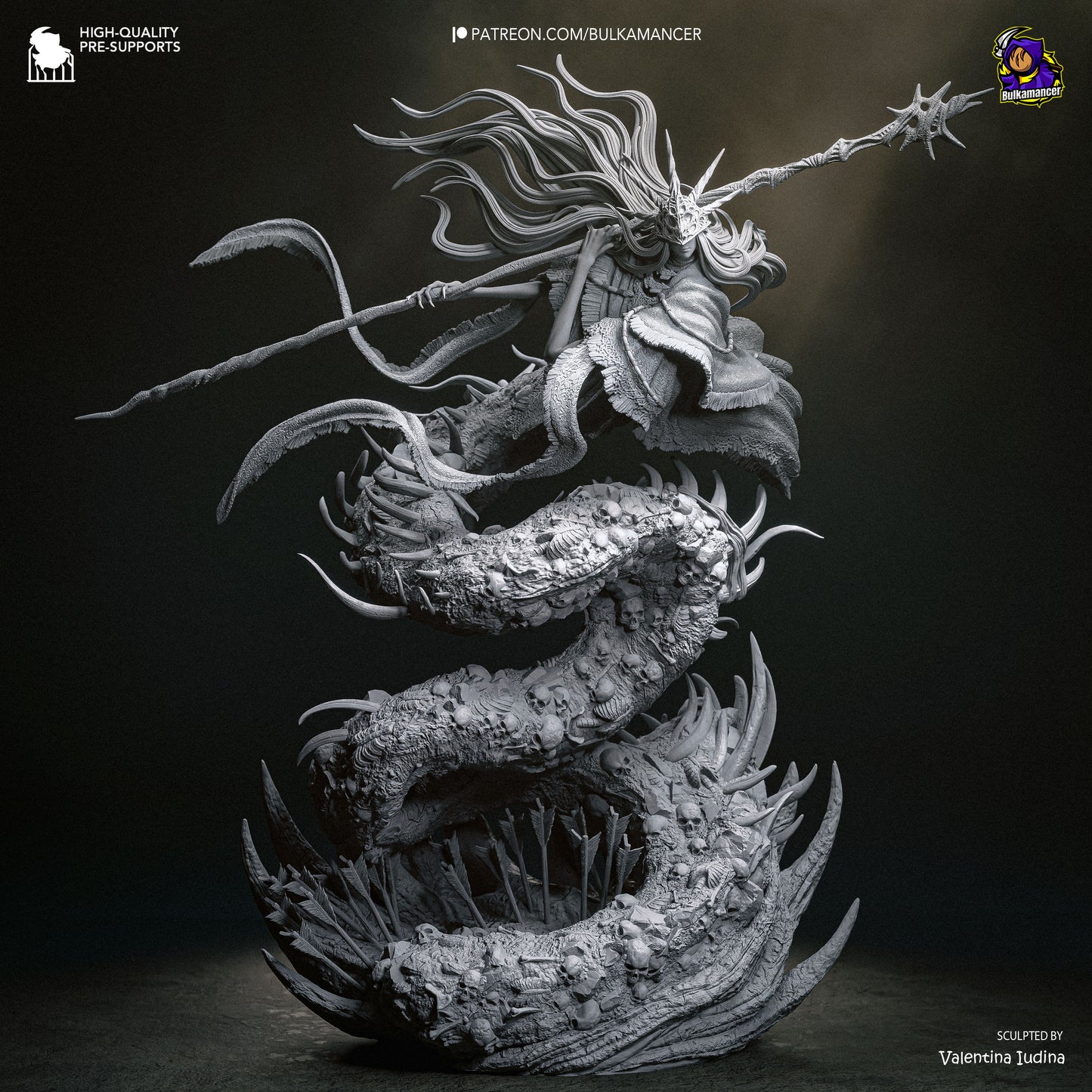 Unpainted grey resin 3D sculpt render of Aldrich Devourer of Gods statue front view
