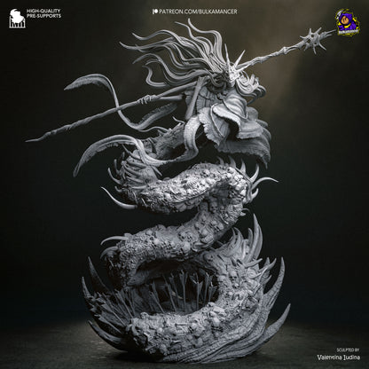 Unpainted grey resin 3D sculpt render of Aldrich Devourer of Gods statue front view