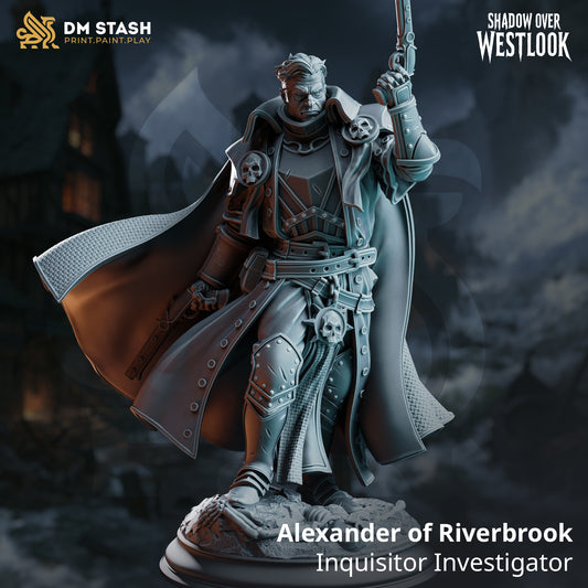 Alexander of Riverbrook Human Fighter wearing layered armor and a flowing cloak while holding a large firearm upright.