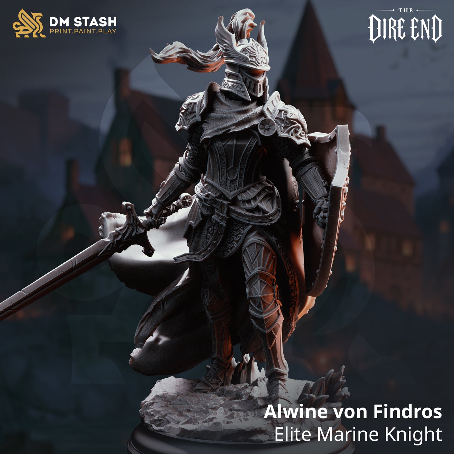 A 3D-rendered dark fantasy resin miniature of a female knight named "Alwine von Findros." She stands dynamically in heavy plate armor on a wave-battered rocky base, holding a straight broadsword down in her right hand and a large kite shield on her left arm while wearing a high-crested winged marine helmet.