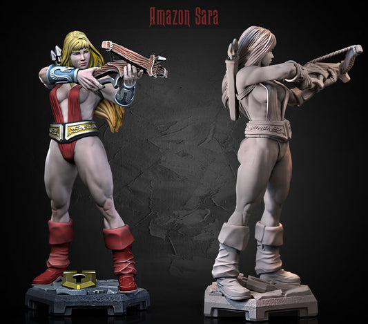 Amazon Sara Human Ranger shown from front and rear while aiming a fantasy crossbow.