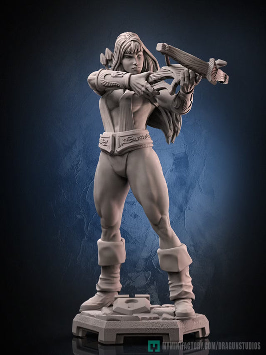 Front view of Amazon Sara aiming her crossbow while standing on a detailed hexagonal base.