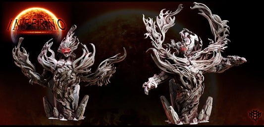 high-detail 3D printed Greater Fire Elemental miniatures with swirling flame arms – tabletop fantasy RPG models